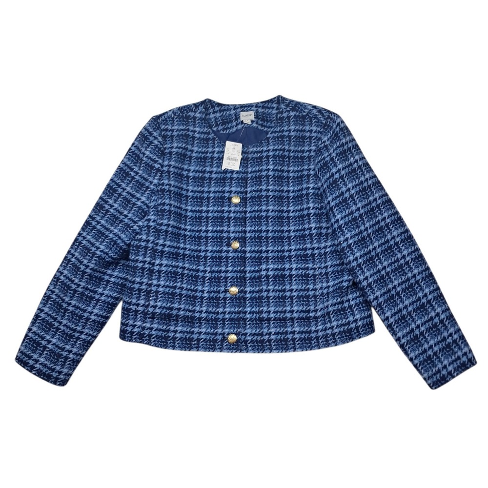 NWT J. Crew Factory Check Tweed Lady Jacket Women's 14 Crop Blue Gold Shimmer
